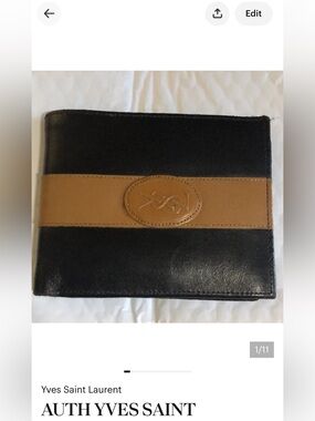 AUTH YVES SAINT LAURENT MEN'S BLACK BROWN LEATHER BI-FOLD WALLET/COIN/CARD/BILLS
